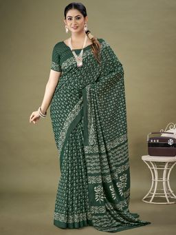 Akhilam - Womens Dola Silk Green Printed Designer Saree with Unstitched Blouse Piece