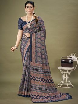 Akhilam - Womens Dola Silk Navy Blue Printed Designer Saree with Unstitched Blouse Piece