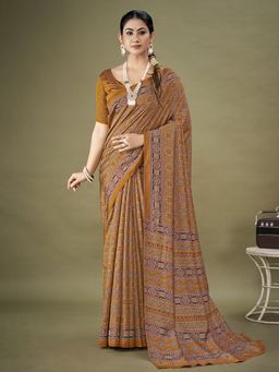 Akhilam - Womens Dola Silk Mustard Printed Designer Saree with Unstitched Blouse Piece