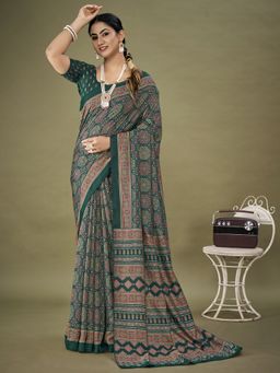 Akhilam - Womens Dola Silk Green Printed Designer Saree with Unstitched Blouse Piece