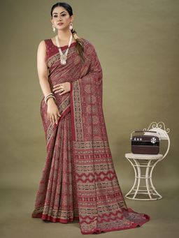 Akhilam - Womens Dola Silk Maroon Printed Designer Saree with Unstitched Blouse Piece