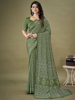 Akhilam - Womens Dola Silk Green Printed Designer Saree with Unstitched Blouse Piece