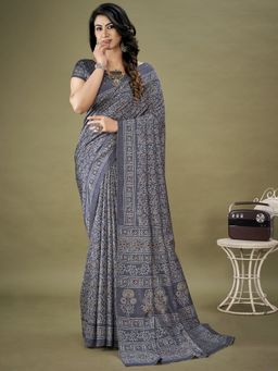 Akhilam - Womens Dola Silk Grey Printed Designer Saree with Unstitched Blouse Piece