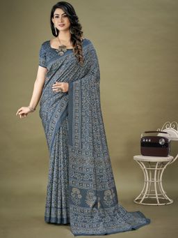 Akhilam - Womens Dola Silk Grey Printed Designer Saree with Unstitched Blouse Piece