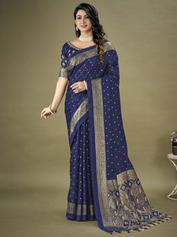 Akhilam - Womens Jute Silk Navy Blue Woven Designer Saree with Unstitched Blouse Piece