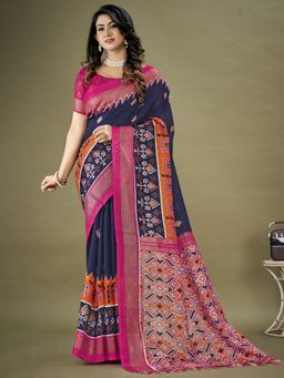 Akhilam - Womens Jute Silk Navy Blue Woven Designer Saree with Unstitched Blouse Piece