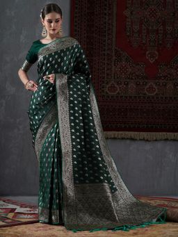 Akhilam - Womens Satin Silk Green Woven Design Designer Saree with Unstitched Blouse Piece