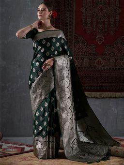 Akhilam - Womens Satin Silk Green Woven Design Designer Saree with Unstitched Blouse Piece