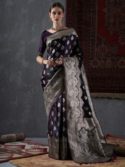 Akhilam - Womens Satin Silk Purple Woven Design Designer Saree with Unstitched Blouse Piece