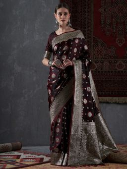 Akhilam - Womens Satin Silk Maroon Woven Design Designer Saree with Unstitched Blouse Piece