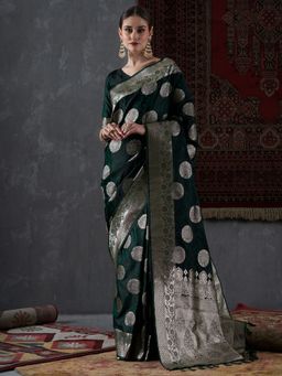 Akhilam - Womens Satin Silk Green Woven Design Designer Saree with Unstitched Blouse Piece