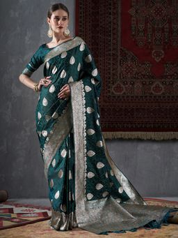 Akhilam - Womens Satin Silk Green Woven Design Designer Saree with Unstitched Blouse Piece
