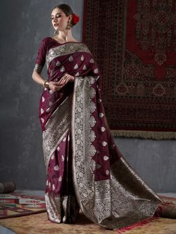 Akhilam - Womens Satin Silk Magenta Woven Design Designer Saree with Unstitched Blouse Piece