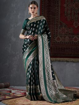 Akhilam - Womens Satin Silk Green Woven Design Designer Saree with Unstitched Blouse Piece