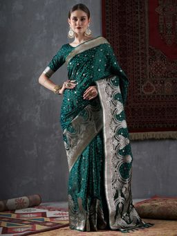 Akhilam - Womens Satin Silk Green Woven Design Designer Saree with Unstitched Blouse Piece