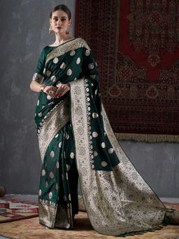 Akhilam - Womens Satin Silk Green Woven Design Designer Saree with Unstitched Blouse Piece