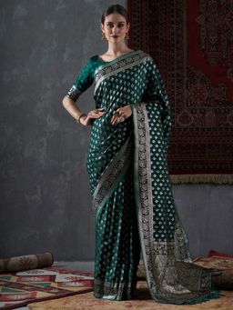 Akhilam - Womens Satin Silk Green Woven Design Designer Saree with Unstitched Blouse Piece