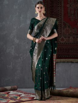 Akhilam - Womens Satin Silk Green Woven Design Designer Saree with Unstitched Blouse Piece