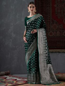 Akhilam - Womens Satin Silk Green Woven Design Designer Saree with Unstitched Blouse Piece