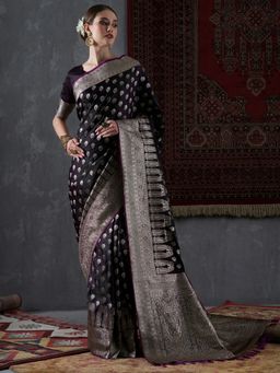 Akhilam - Womens Satin Silk Purple Woven Design Designer Saree with Unstitched Blouse Piece