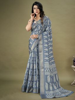 Akhilam - Womens Dola Silk Grey Printed Designer Saree with Unstitched Blouse Piece