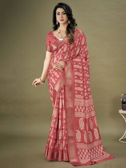 Akhilam - Womens Dola Silk Pink Printed Designer Saree with Unstitched Blouse Piece
