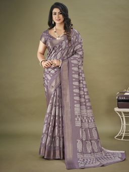 Akhilam - Womens Dola Silk Mauve Printed Designer Saree with Unstitched Blouse Piece