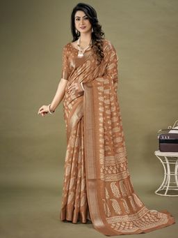 Akhilam - Womens Dola Silk Brown Printed Designer Saree with Unstitched Blouse Piece
