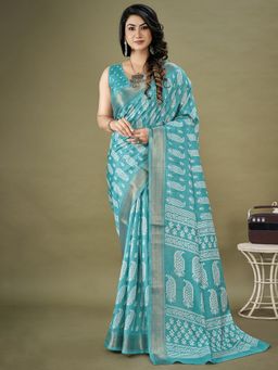 Akhilam - Womens Dola Silk Blue Printed Designer Saree with Unstitched Blouse Piece