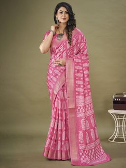 Akhilam - Womens Dola Silk Pink Printed Designer Saree with Unstitched Blouse Piece