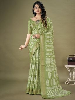 Akhilam - Womens Dola Silk Green Printed Designer Saree with Unstitched Blouse Piece