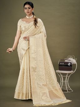 Akhilam - Womens Organza Cream Embellished Designer Saree with Unstitched Blouse Piece