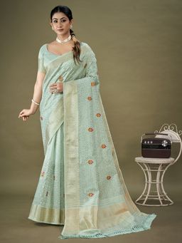 Akhilam - Womens Organza Light Blue Embellished Designer Saree with Unstitched Blouse Piece