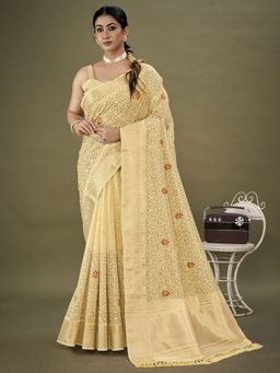 Akhilam - Womens Organza Yellow Embellished Designer Saree with Unstitched Blouse Piece