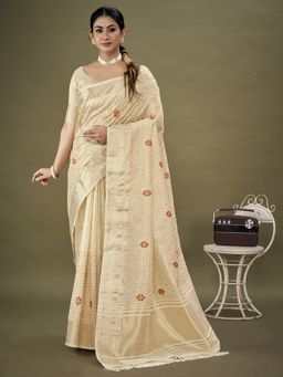 Akhilam - Womens Organza Cream Embellished Designer Saree with Unstitched Blouse Piece