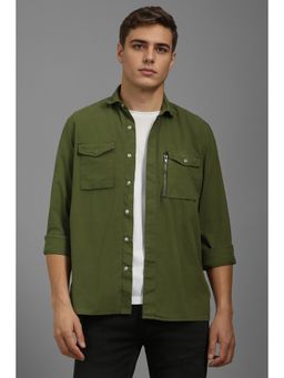 Louis Philippe - Men Olive Slim Fit Solid Full Sleeves Casual Shirt