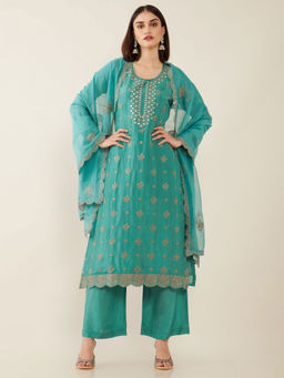 Soch - Teal Machine Embroidery Silk Unstitched Dress Material - 3 Meter Kurta Fabric