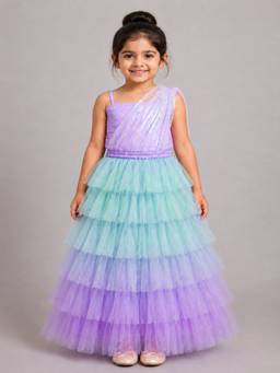Elaisha - Sleeveless Embroidered Top With Lehenga - Lavender And Blue