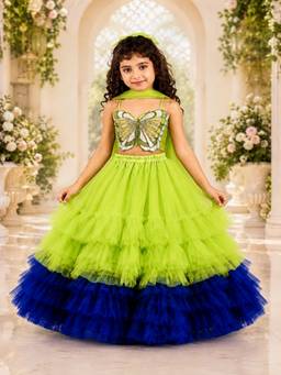 Elaisha - Embroidered Choli With Lehenga And Dupatta - Limegreen And Blue