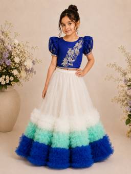 Elaisha - Short Sleeves Printed Choli With Ruffle Lehenga - Blue And White