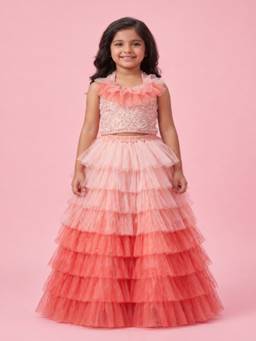 Elaisha - Sleeveless Embroidered Top With Lehenga - Peach