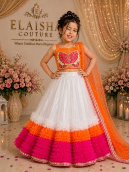 Elaisha - Embroidered Choli With Lehenga And Dupatta - Orange And White