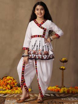FASHION DREAM - White Silk Blend Printed Peplum Kurta Dhoti