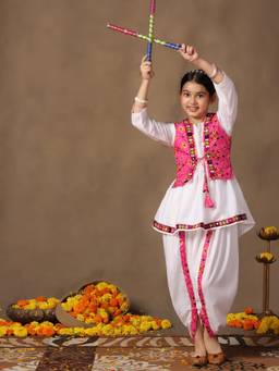 FASHION DREAM - Pink Cotton Blend Foil Printed Peplum Kurti And Dhoti With Koti