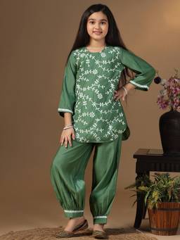 FASHION DREAM - Olive Silk Blend Floral Embroidered Kurta And Salwar