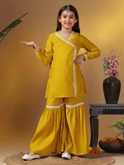 FASHION DREAM - Mustard Silk Blend Lace Pattern Straight Kurta With Sharara