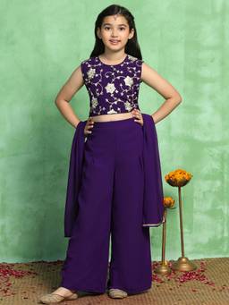 FASHION DREAM - Purple Voilet Floral Embroidered Crop Top Palazzo With Dupatta