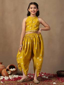 FASHION DREAM - Yellow Silk Blend Floral Print A-Line Kurta And Dhoti