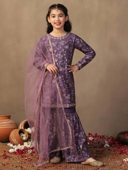 FASHION DREAM - Purple Violet Silk Blend Floral Printed Kurta With Sharara Dupatta