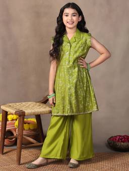 FASHION DREAM - Olive Silk Blend Floral Print A-Line Kurta And Palazzo